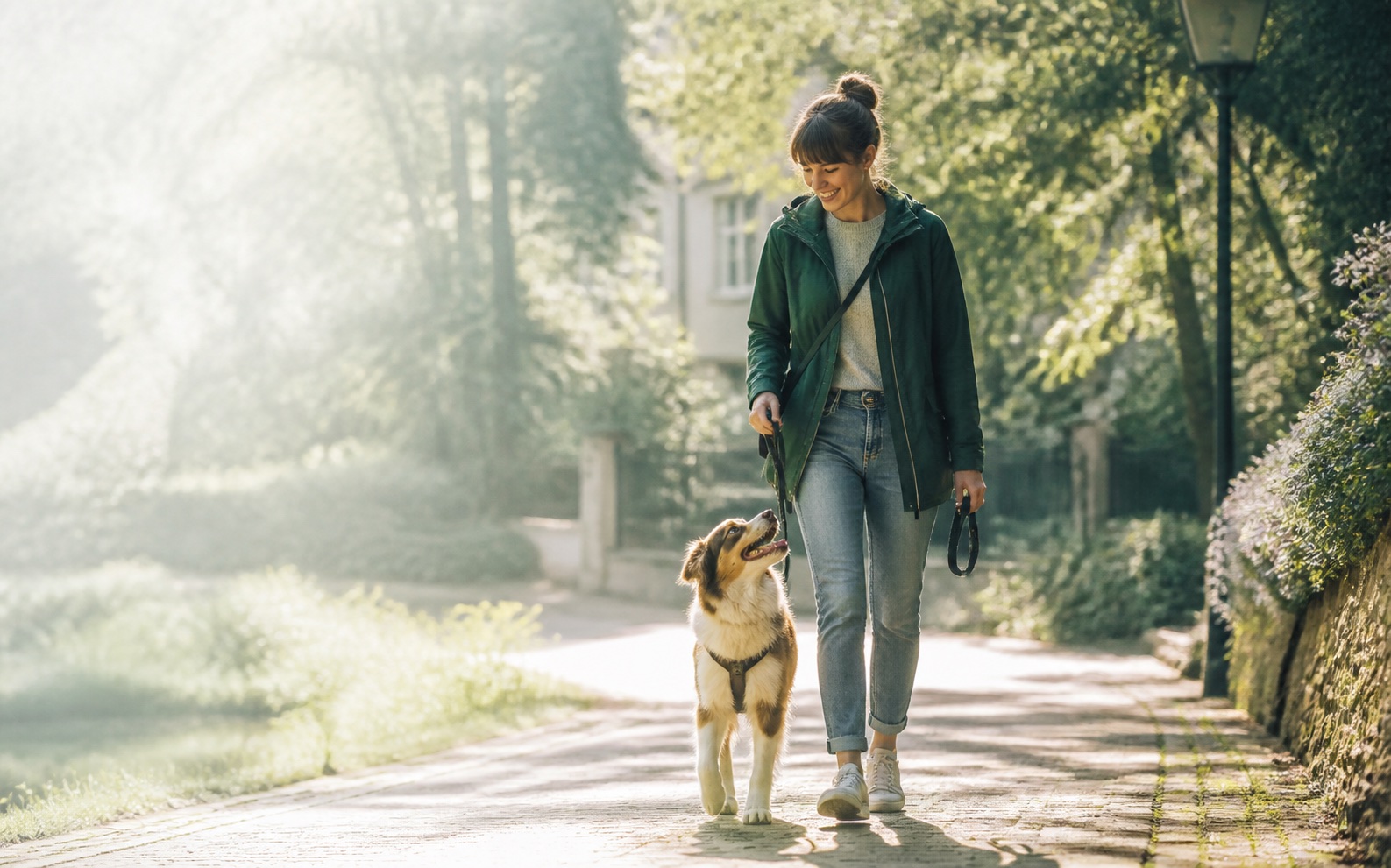Professional pet sitter sharing a happy walk with a dog