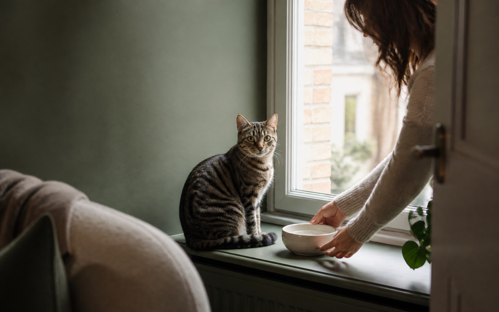 Tabby cat beside a freshly filled water bowl