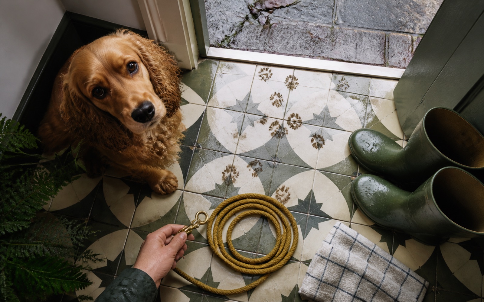 Dog ready for a walk beside boots and lead